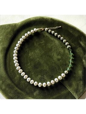 Handmade White Pearl Necklace with Green Crystal Accents